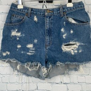 Classic Fit Destroyed Denim Raw Edge High Waisted Blue Jean Shorts Hot